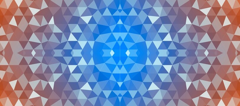 Abstract geometric background image featuring a symmetrical pattern of colorful triangles in blue and orange