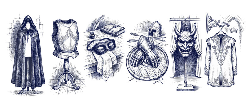 Medieval fantasy RPG items sketch set of hand-drawn knight armor, wizard cloak, shield, demon mask, and royal tunic illustrations on a white background. Vintage engraving style artwork for game design