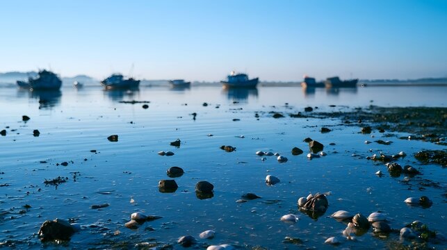 A sparkling azure harbor scene features scattered shells on the seashore during the beautiful early morning