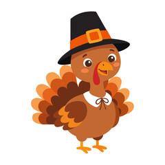 Fototapeta premium Cute cartoon turkey character wearing a pilgrim hat, happy thanksgiving holiday illustration for greeting cards, invitations, and festive seasonal decor