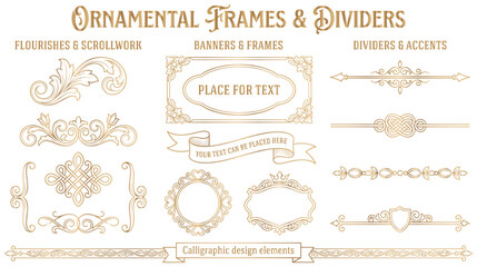 Golden ornamental frames banners and calligraphic lines. © GW