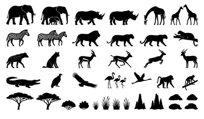 African Wildlife Silhouette Collection with Safari Animals Trees and Grass © MdArif