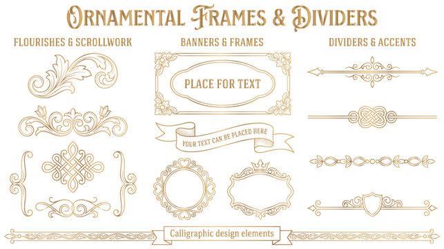 Golden ornamental frames banners and calligraphic lines.