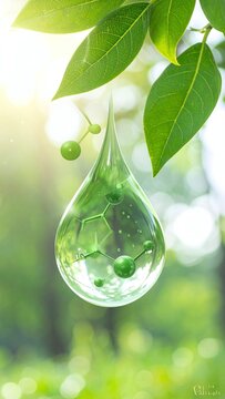 A fresh green leaf dripping a clear water droplet with an organic molecular structure inside, symbolizing natural biotechnology and science. Bright bokeh background, nobody.