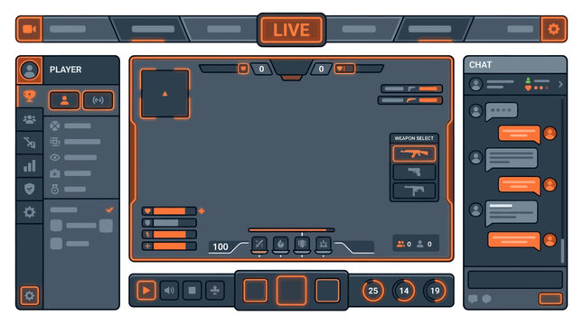 Graphic design software interface with orange accents and live streaming
