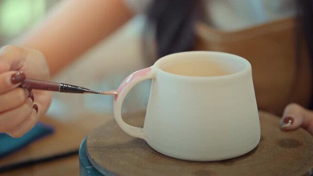 Closeup hands of woman painting ceramic art and pottery designs in her studio &ndash; happy artisan potter sitting with handmade tools, enjoying sculpting process and creative small business lifestyle