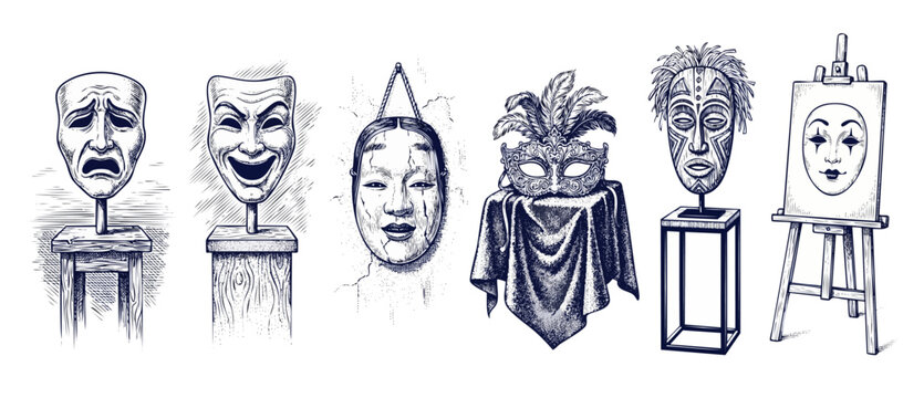 Theater masks collection vintage engraving set on white background including comedy tragedy venetian masquerade asian noh tribal and mime mask designs representing drama performance and identity.