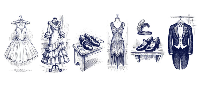 Vintage fashion sketch costumes set depicting retro dance outfits like flapper dress, tuxedo, flamenco gown, ballet tutu, shoes, and headband in historical engraved line art style on white background.