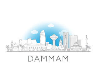 Obraz premium Dammam skyline, Saudi Arabia. Urban cityscape with landmarks and monuments. Hand drawn line art digital skyline illustration.