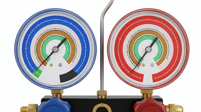 Professional HVAC manifold pressure gauge set for refrigeration and air conditioning system maintenance on white background