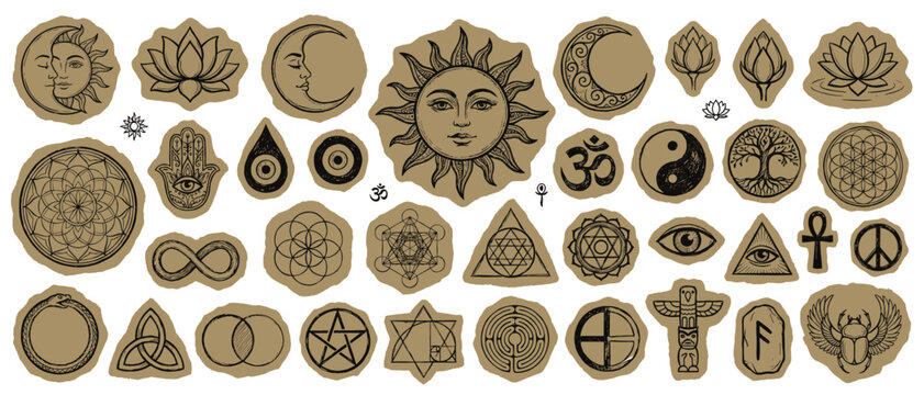 Spiritual Scrapbook Sticker Vector Set Hand Drawn Kraft Paper Sacred Geometry Mystic Symbol Collection for Journal Design
