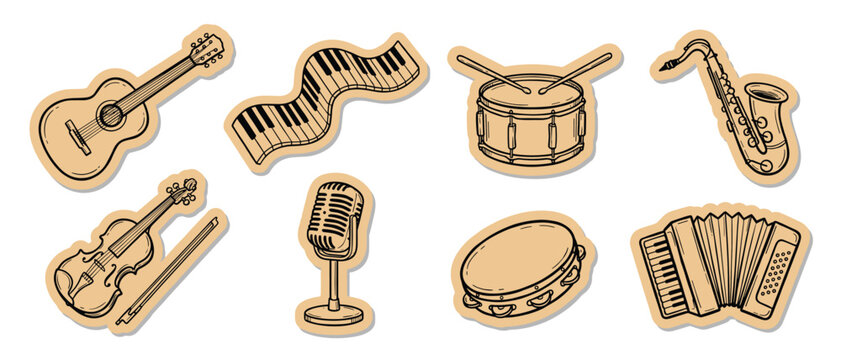 Music Instrument Scrapbook Sticker Vector Set Hand Drawn Kraft Paper Band Collection for Journal and Music Design
