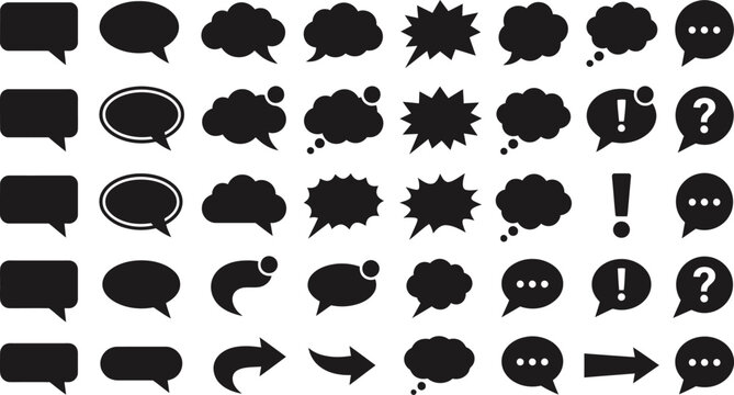 Black silhouette comic speech bubbles and thought clouds on white background for dialogue design elements