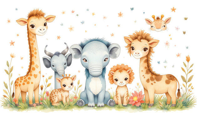 Cute watercolor safari animals nursery illustration set in pastel colors, isolated on white.