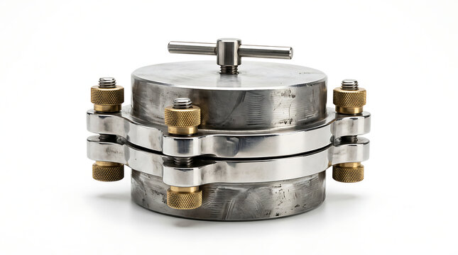 Heavy-duty metal dental flask for denture processing and acrylic polymerization in orthodontic and prosthetic laboratories featuring adjustment screws and a solid stainless steel frame construction.