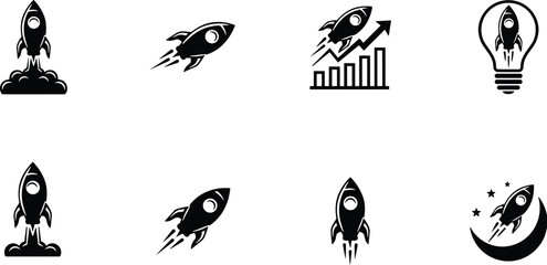 Collection of Black Rocket Ship Icons and Business Growth Chart on White Background © Kowshik Roy