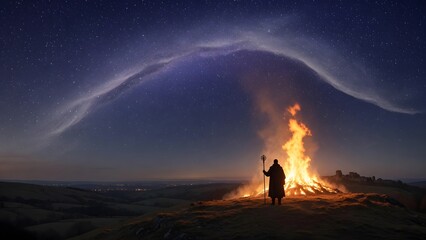 Fototapeta premium The Easter Fire event on the Hill of Slane represented as an earthly guide beneath a celestial canopy, countless stars stretching overhead while the sacred blaze anchors the landscape below, balanced 