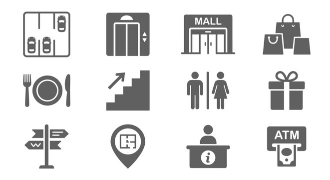 Set of shopping mall icons depicting services and amenities like parking, elevator, entrance, shopping bags, dining, stairs, restrooms, gift, directory, information desk and ATM