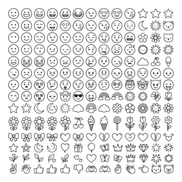 Minimalist line emoji icons set, black and white outline emoticons collection, 169 vector elements for social media and web interface design