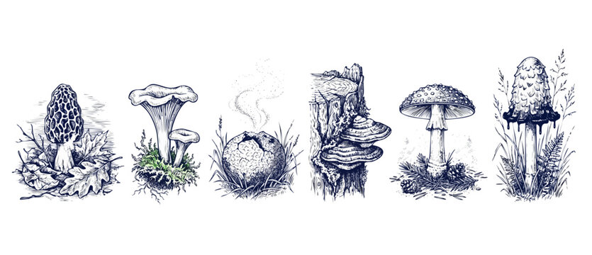 Mushroom botanical illustration vintage sketch set of wild forest mushrooms including morel chanterelle fly agaric puffball ink cap and shelf bracket fungus hand drawn, isolated on a white background.