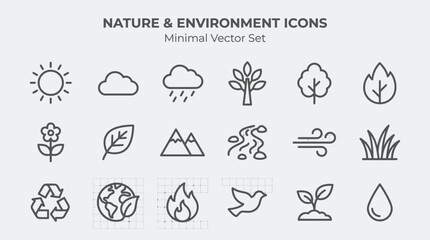 Fototapeta premium Minimal vector set of nature and environment icons featuring various symbols.