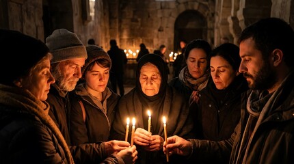 Fototapeta premium Religious group holding candles in a dark ancient stone church