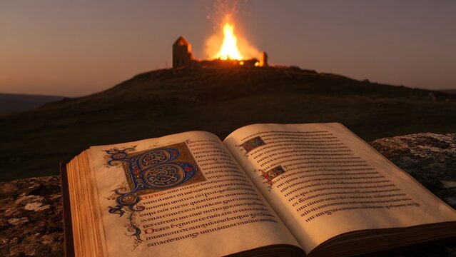 The Easter Fire event on the Hill of Slane portrayed as direction found in sacred meditation, an open psalter on a stone surface with the summit flame glowing softly in the background, warm firelight 
