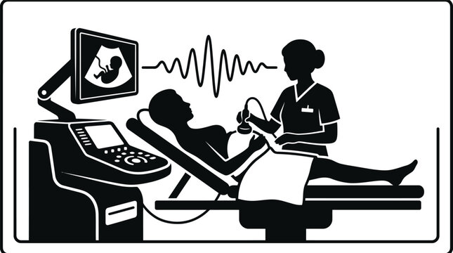 Silhouette of pregnant woman getting ultrasound scan with baby image on screen and nurse nearby on white background