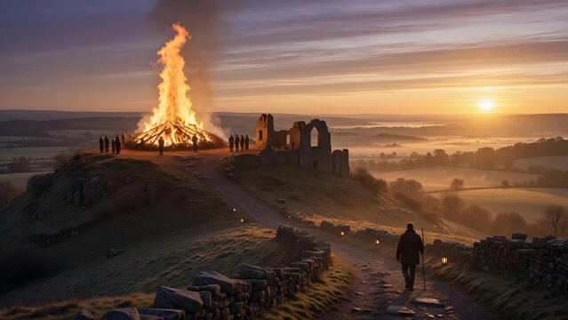 The Easter Fire event on the Hill of Slane interpreted as the beginning of a guided path of faith, first morning light spreading across the landscape while the summit flame remains the brightest focal
