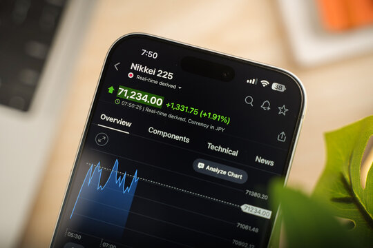 Nikkei or Japan stock exchange logo is displayed on a smartphone screen in Bangalore, India, on June 15, 2026
