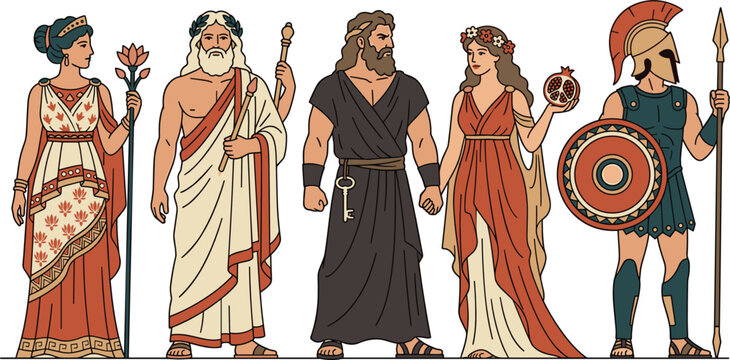 Ancient Greek Mythology Gods And Goddesses Character Vector Set Featuring Zeus Hera Hades Persephone And Spartan Warrior Soldier In Flat Illustration Style
