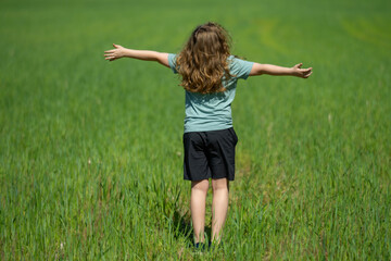 Obraz premium Child open arms create happy childhood. Child open arms enjoy meadow lifestyle. Joyful child open arms express freedom. Outdoor child open arms fit recreation.