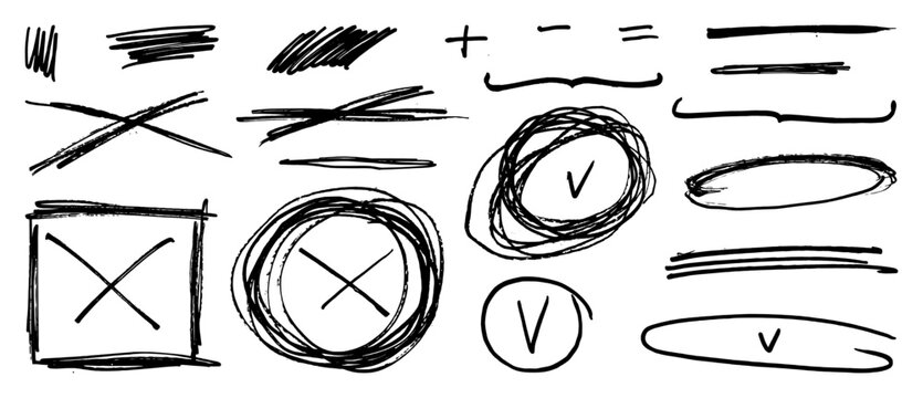 Hand drawn line marks. Mad punk pencil sketches. Pen marker annotations. Check marks, ovals, X V symbols, and crosses. Vector brush doodle underlines. Scribble boxes, chalk ticks and handwritten signs