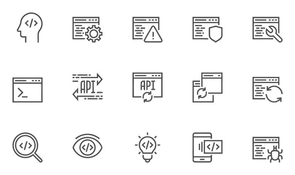 Set of 15 development and software engineering line icons