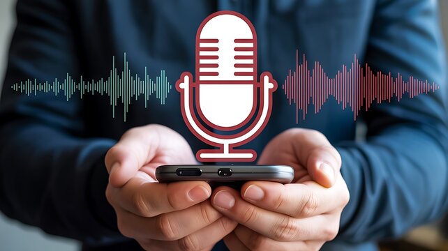 Voice recognition technology concept with microphone and audio waveform
