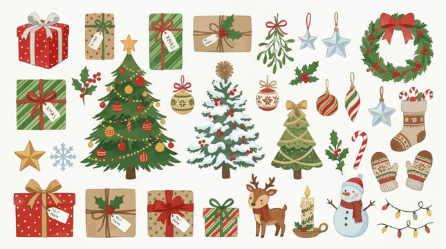 A collection of Christmas-themed illustrations including gifts, trees, and a snowman, perfect for holiday greetings and decorations.