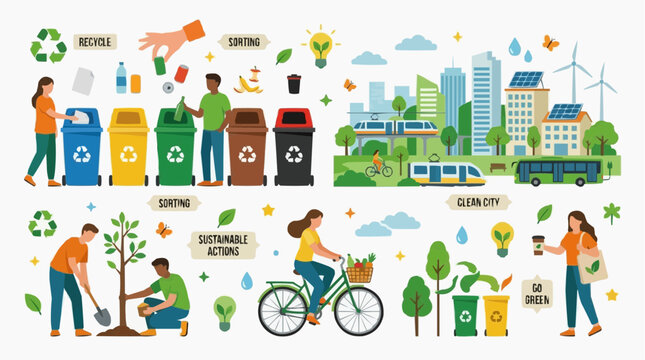 Sustainable living concept with eco-friendly activities and clean city illustration.