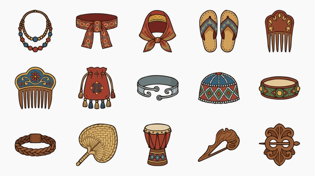 A collection of cultural items and accessories, including jewelry, headwear, instruments, and adornments.