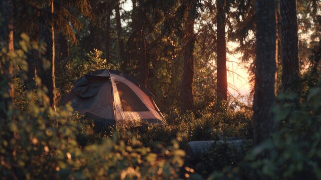 A serene forest campsite at sunset with a tent near trees and bushes