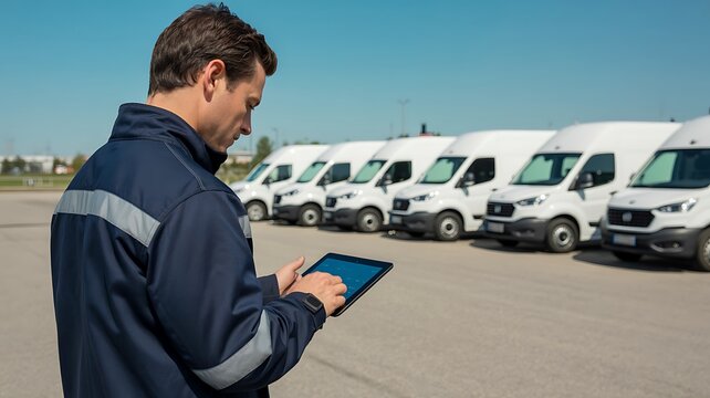Fleet manager inspecting commercial vehicles using digital tablet
