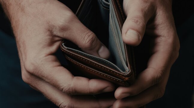 Man holds empty wallet, showing lack of money. Financial hardship, poverty, and money troubles are clearly visible. Concept of debt and budget problems.