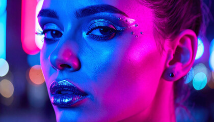 Stunning closeup of a woman in vibrant blue and pink neon light. Her futuristic metallic makeup and glittery lips evoke a scifi cyberpunk aesthetic, perfect for creative beauty concepts.