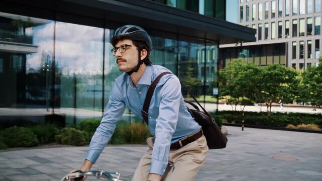 Man rides bicycle forward across glass office plaza in city