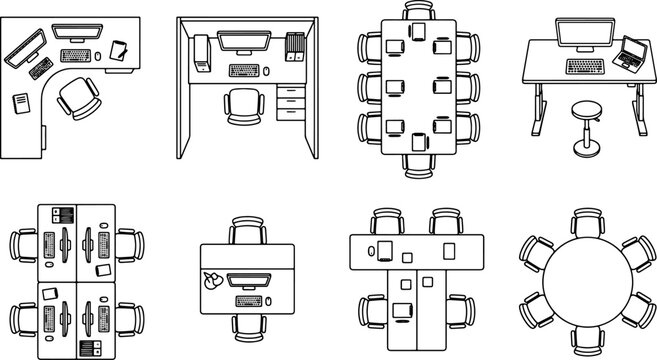 Office furniture top view set with desks chairs and computers in a flat black and white vector