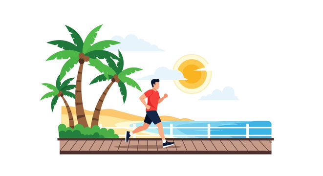 Man Jogging on Beach Boardwalk with Palm Trees Illustration - Healthy Active Lifestyle Concept