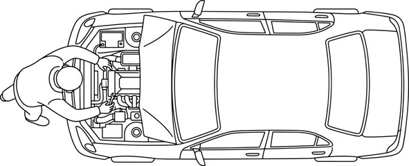 Fototapeta premium Top view line art illustration of a mechanic repairing a car engine with an open hood outline
