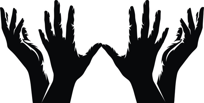Stylized black silhouette illustration of reaching hands expressing hope prayer or desperation isolated on white
