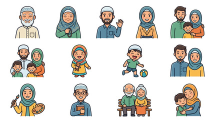 Fototapeta premium Diverse Muslim Community Cartoon Characters with Warm Expressions Modern Flat Design Set for Branding Education and Social Media