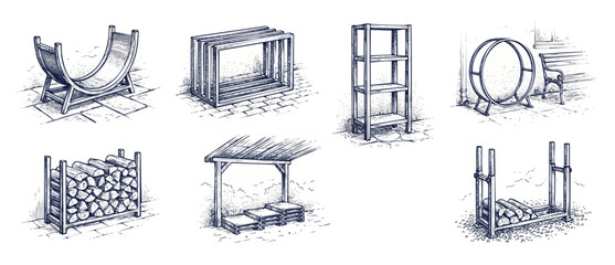 Firewood storage rack ideas illustration set of hand drawn outdoor log holders, wooden garden sheds, metal hoop stands on white background for rustic backyard patio fireplace organization concepts. © Dinali