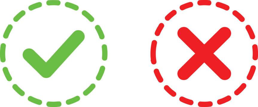 Green check mark and red cross mark symbols in dashed circles